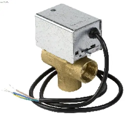 Umlenkventil mit Metallgehäuse und elektrischer Anschlussleitung, vermutlich von Remeha, für Anwendungen in Heiz- oder Kühlsystemen.